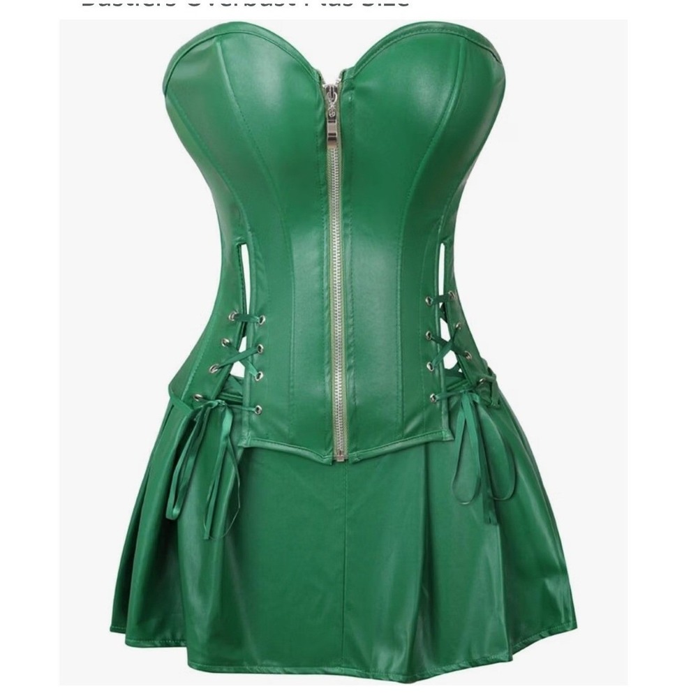 Women's Emerald Green Faux Leather Corset Lace Up Zip Front Top Size XXL